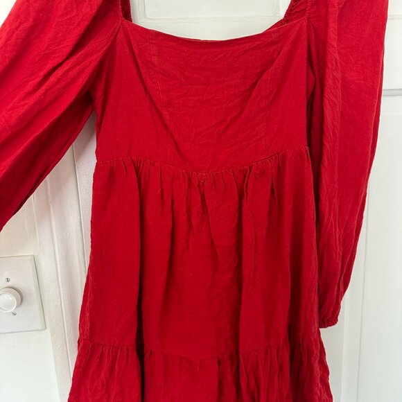 & Other Stories Puff Sleeve Linen Mini Dress in red - Picture 2 of 5